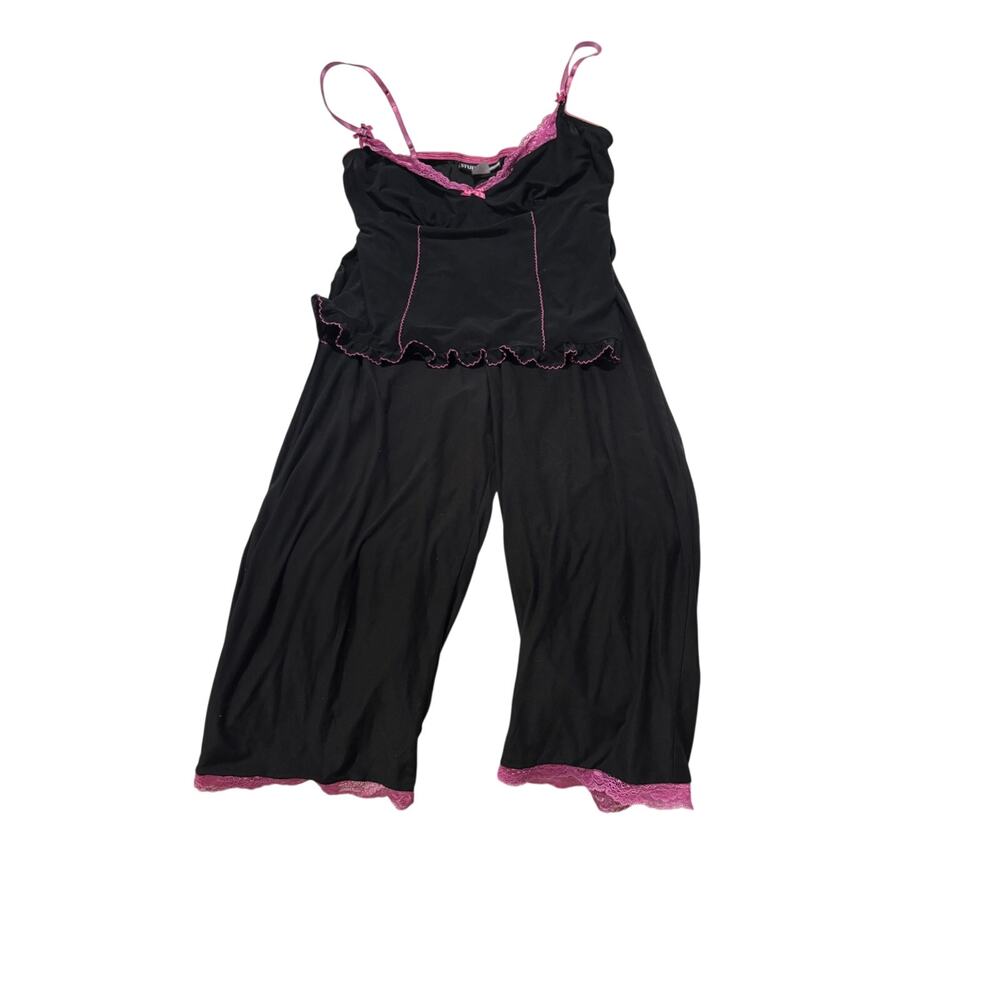 Studio Donatella M black hot pink trim capri tank top pj’s pajamas stretch euc